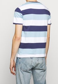 T-shirt in cotone con righe orizzontali in blu chiaro, blu scuro e bianco. Collo rotondo, maniche corte, vestibilità comoda. Indossato con jeans blu chiaro.