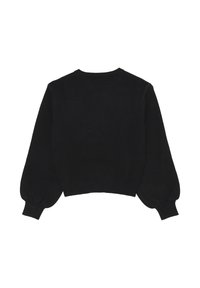 Maglione corto nero in morbido materiale lavorato a maglia, con maniche lunghe e gonfie e un collo a girocollo a costine. Design classico e semplice.