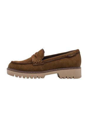Brauner Wildleder-Loafer mit einer klobigen beige Gummisohle und dekorativer Naht entlang des oberen Randes.