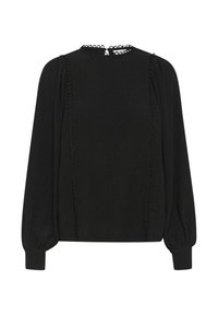 Black blouse with a textured fabric, round neckline, and long puff sleeves. Features decorative stitching along the front seams.