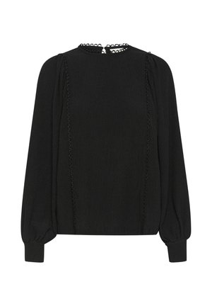 Mustmustükk must blouse tekstuursed riided, ümmargune kaelus ja pikad puffvarrukad. Eesmistel õmblustel on dekoratiivne tikand.