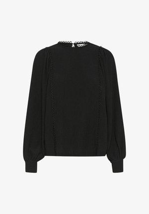 Schwarze Bluse aus strukturiertem Stoff, mit rundem Ausschnitt und langen Puffärmeln. Verfügt über dekorative Stickerei entlang der vorderen Nähte.