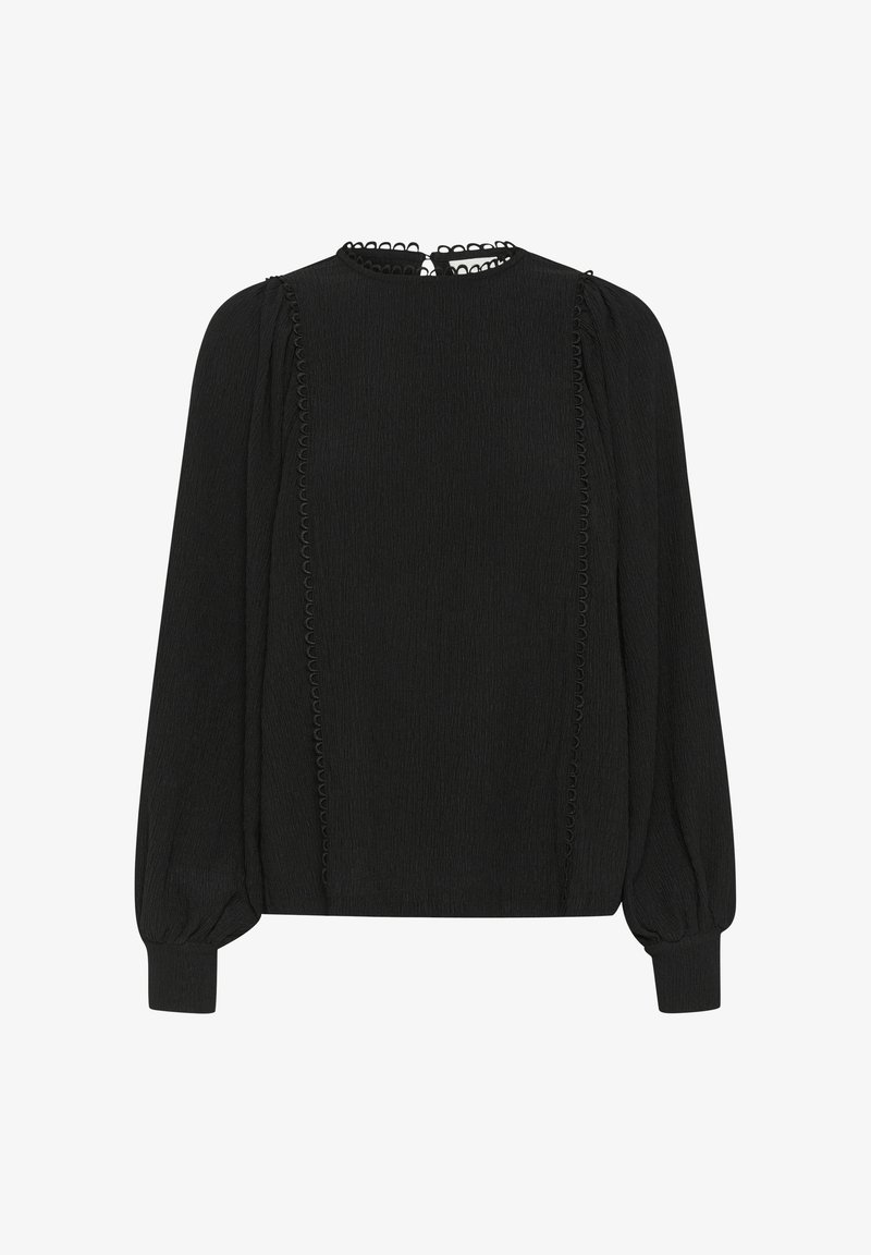 Black blouse with a textured fabric, round neckline, and long puff sleeves. Features decorative stitching along the front seams.