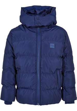 Navyblauer Daunenjacke mit hohem Kragen, Reißverschluss vorne und zwei seitlichen Taschen. Besitzt elastische Bündchen und ein Logopatch auf der Brust.