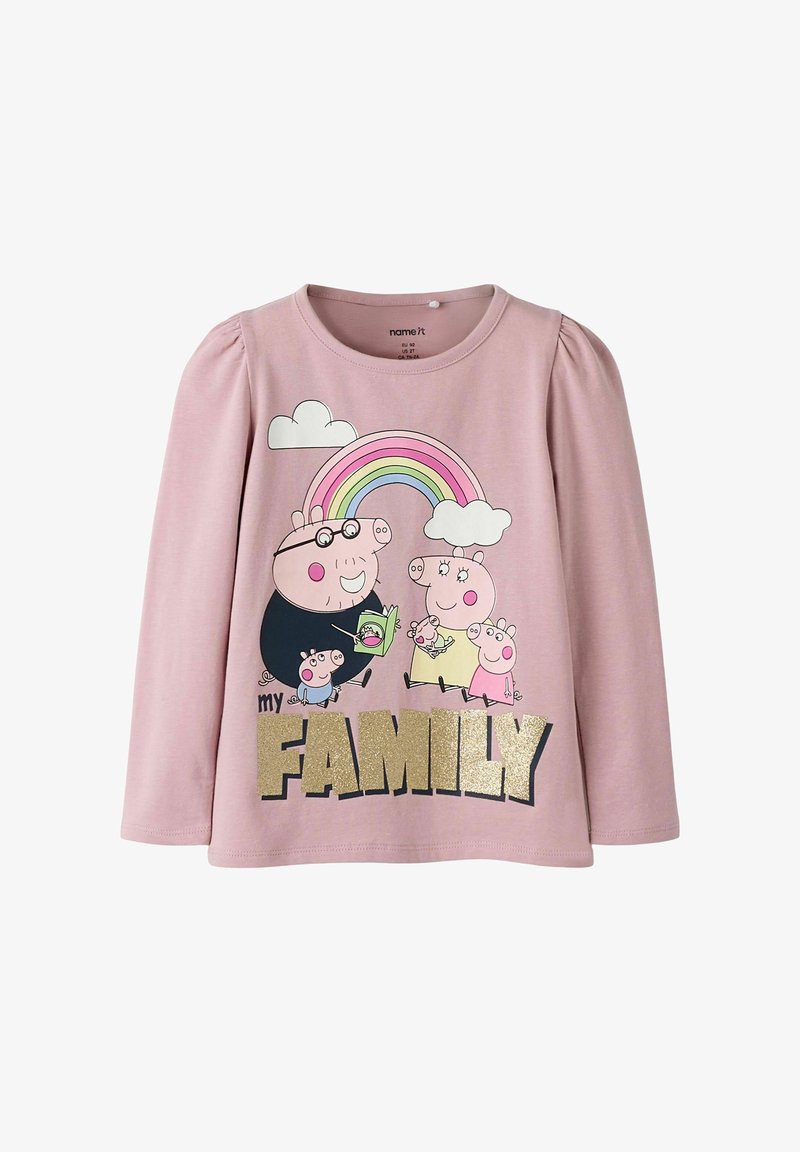 Różowa koszula z długim rękawem, ozdobiona kreskówkowymi świnkami, tęczą oraz napisem "moja RODZINA" w złotym brokacie. Wykonana z miękkiego bawełnianego materiału.