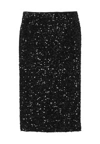 Jupe crayon noire en sequins avec une silhouette ajustée, décorée de nombreux sequins brillants pour une surface texturée et réfléchissante.