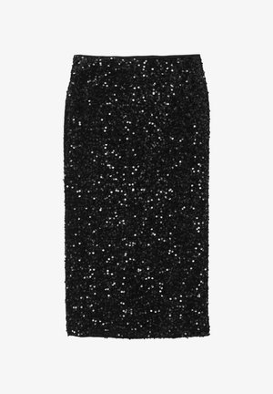 Black sequin pencil skirt with a fitted silhouette, featuring numerous shiny sequins for a textured, reflective surface.