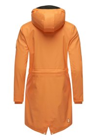 Orange raincoat with a hood, long sleeves, a slightly tapered waist, and a curved hem. Features a logo patch and snap closures at the bottom.