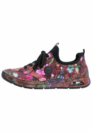 Low-top sneaker med sort sål og snørebånd, med flerfarvet blomsterprint og synlig luftpolstring i hælen.