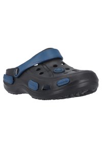 Sabots noirs et bleus avec des trous de ventilation, une sangle courbée et une semelle texturée. Présente un logo smiley sur le devant. Matériau en plastique léger.