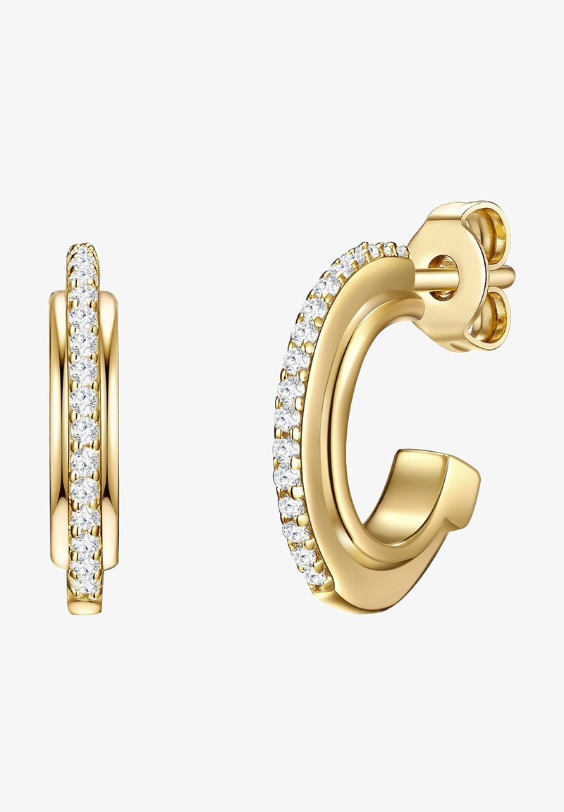 Zelta riņķveida auskari ar izliekta dizaina akcentiem, pie frontālās malas izrotāti ar maziem caurspīdīgiem akmeņiem, pulēts gluds apdare.