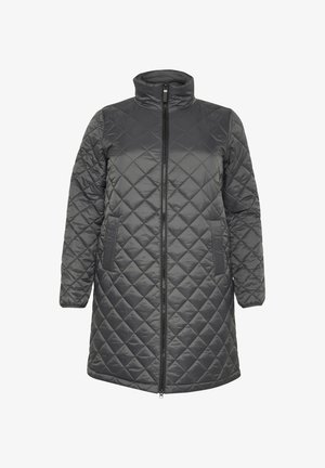 Quilted mørkegrå lang frakke med høj krave, frontlynlås og sidelommer, med et diamantmønster.