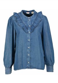 Blusa di denim con colletto arricciato e patta, maniche lunghe e volumetriche, chiusura frontale con bottoni e un morbido tessuto blu con una sottile texture.