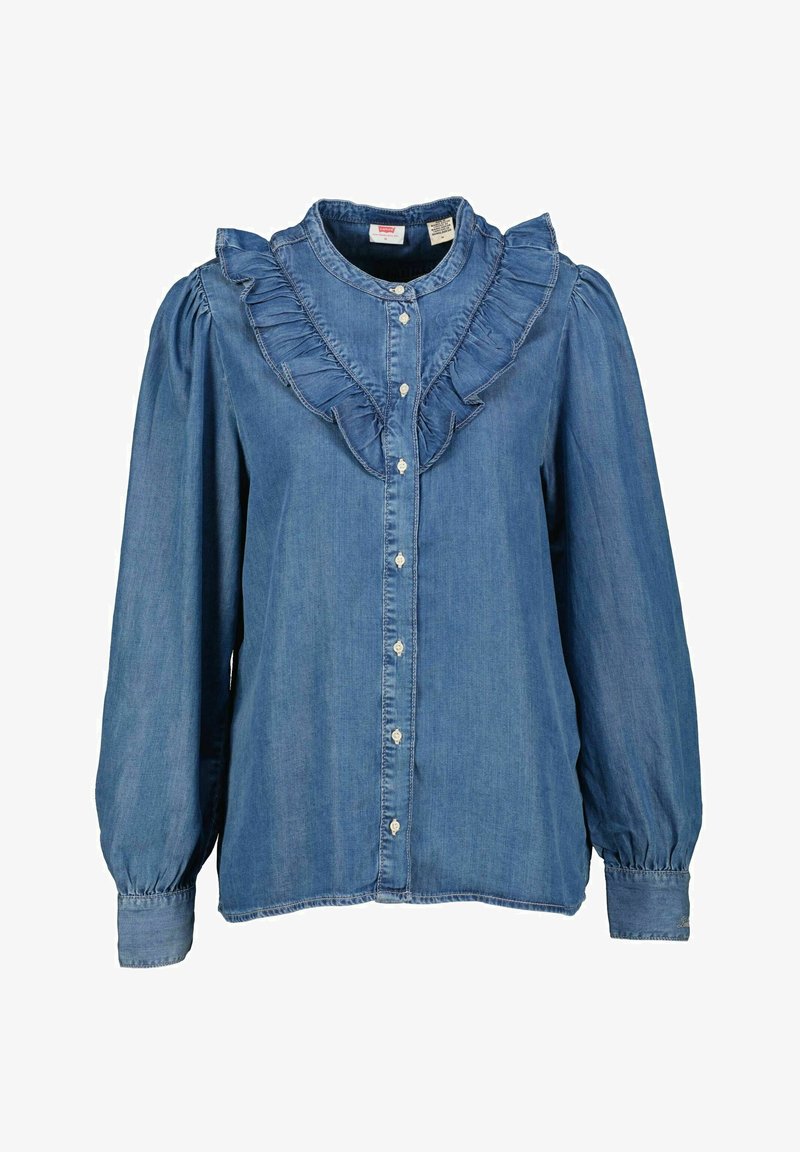 Denim blouse featuring a ruffled collar and placket, long puffed sleeves, button front, and a soft blue fabric with subtle texture.