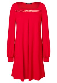 Rotes langärmliges Kleid mit quadratischem Ausschnitt, verziert mit einem Satinband und goldfarbener Hardware. Weicher Stoff, ausgestellte Silhouette und geraffte Ärmel.