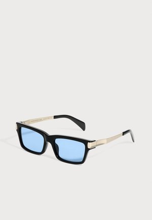Black rectangular sunglasses with light blue lenses and beige arms shown on a white background.