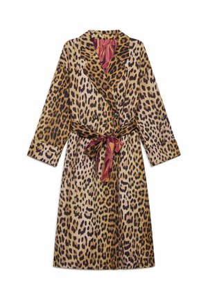Peignoir à motif léopard avec taille ceinturée, manches longues et doublure contrastante à motifs floraux. Confectionné en tissu doux.