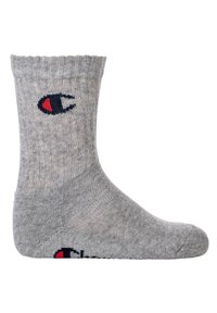 Calzino in cotone grigio con trama a coste, dotato di un logo rosso e blu sul lato esterno e di una fascia standard in cima.