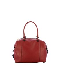 Sac à main en cuir rouge de forme arrondie, avec deux poignées supérieures et une fermeture éclair. Présente une surface texturée et des détails de couture subtils.