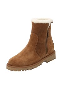 Stivale alla caviglia in suede marrone con una parte superiore foderata in shearling, zip laterale e suola in gomma robusta con un motivo di trazione testurizzato.
