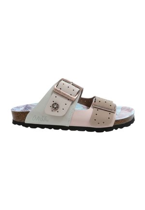 Sandalo aperto con due cinturini regolabili beige, fibbie metalliche, suola in sughero, battistrada nero e plantare con motivo floreale.