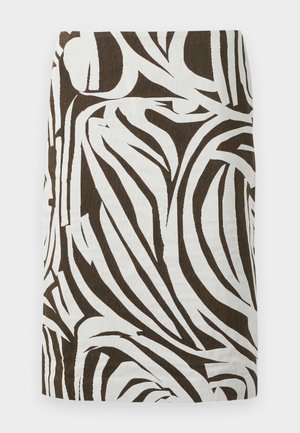 Brown and white pencil skirt with abstract zebra-like pattern, knee-length and straight cut.