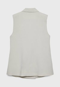 Mouwloos lichtgrijs vest met een kraag, soepele textuur en subtiele stikdetails, voorzien van een rugopening voor gemakkelijke beweging.
