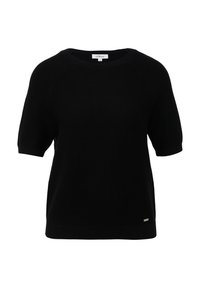 Suéter negro de manga corta con cuello redondo. Presenta un tejido texturizado y un pequeño logo plateado en el dobladillo.