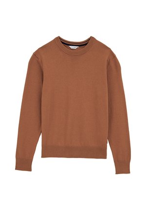 Brauner Strickpullover mit Rundhalsausschnitt, gerippten Bündchen und Saum. Glatte Textur in einfarbig, mit einem subtilen Streifen im Krageninneren.