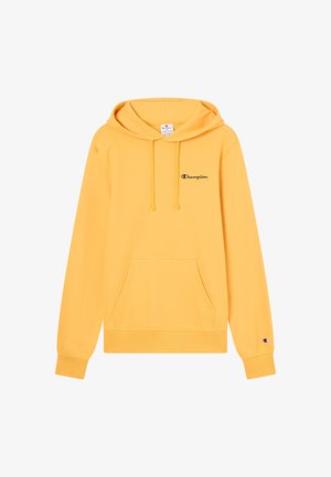 Żółta bluza Champion z kapturem, przednią kieszenią, troczkami oraz logo Champion na piersi i mankiecie rękawa.