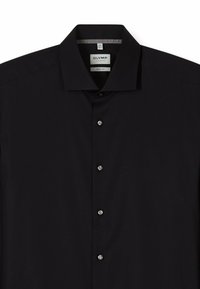 Schwarzes Hemd mit Knopfleiste aus glattem Stoff. Verfügt über einen klassischen Kragen, figurbetontes Design und fünf glänzende Knöpfe vorne.