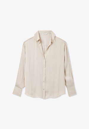 Camicia a maniche lunghe beige in tessuto liscio con colletto classico e chiusura a bottoni frontale con bottoni rotondi piccoli. Vestibilità su misura.