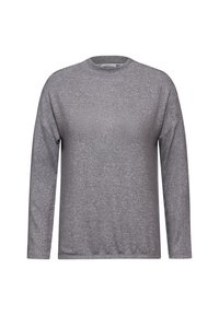 Grijze langemouwen shirt van zacht, textuurstof. Heeft een ronde halslijn en een relaxte pasvorm met iets verlaagde schouders.
