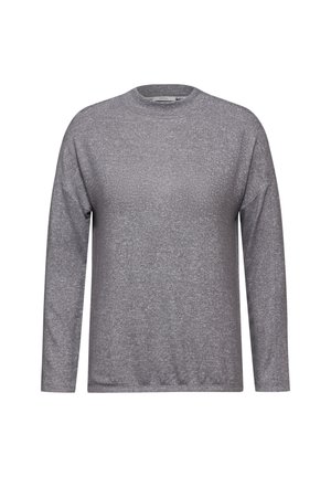 Graues Langarmshirt aus weichem, strukturiertem Stoff. Hat einen runden Halsausschnitt und eine lockere Passform mit leicht gesenkten Schultern.