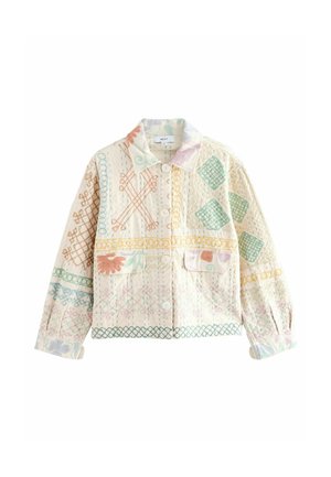 Light beige buttoned jacket with pastel geometric and floral embroidery, featuring a collar and two front patch pockets.