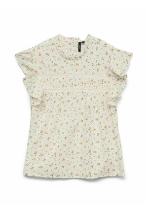 Blouse blanche avec petit imprimé floral rose et vert, manches courtes à volants, détails en dentelle sur la poitrine et encolure ronde avec bouton dans le dos.