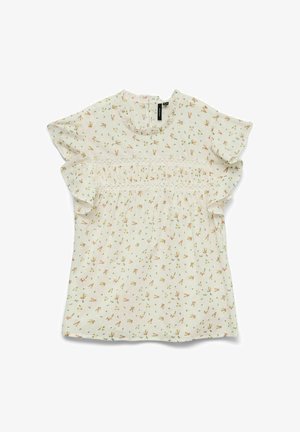 Witte blouse met kleine roze en groene bloemenprint, gerimpelde korte mouwen, kanten details over de borst en een ronde halslijn met knoop aan de achterkant.