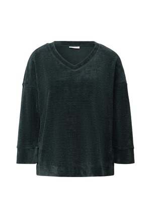 Pull à col en V de couleur vert foncé, texturé, avec des manches trois quarts et une coupe ample. Présente un motif côtelé subtil sur l'ensemble.
