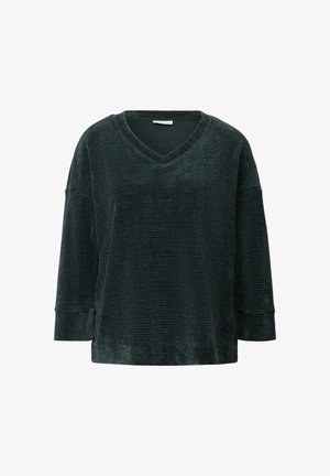 Suéter de pico de color verde oscuro, texturizado, con mangas de tres cuartos y corte holgado. Presenta un sutil patrón de canalé en toda la prenda.