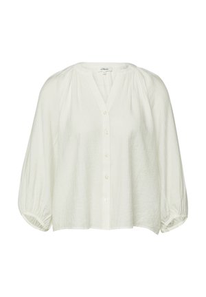 Witte blouse met lange mouwen, geplooide schouders, losse ballonmouwen, knoopsluiting aan de voorkant en een V-hals.