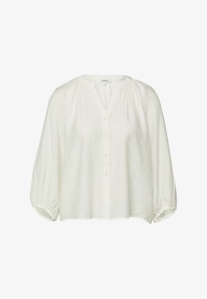 Blouse blanche à manches longues avec épaules froncées, manches ballon amples, devant boutonné et col en V.