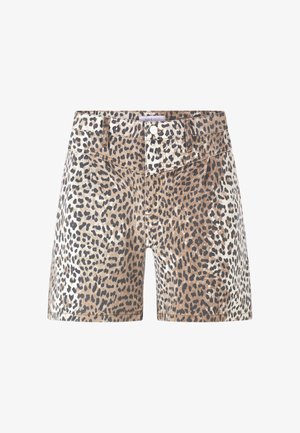 Leopard print denim shorts featuring a button closure, front pockets, and a soft, textured finish. Tan, brown, and black color scheme with contrasting patterns.
