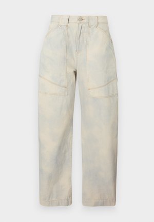 Pantaloni drepți bej cu dungi, cu talie înaltă, buzunare aplicate în față și detalii cu cusături portocalii.