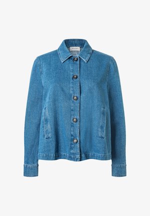 Veste en denim bleu avec un col pointu, cinq boutons sur le devant, des manches longues et deux poches latérales verticales.