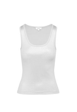 Witte, geribbelde tanktop met een ronde halslijn. Gemaakt van een glanzend, rekbaar materiaal. Heeft een getailleerd ontwerp en een rechte zoom.