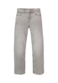 Jeans de mezclilla gris con un corte recto. Las características incluyen trabillas para el cinturón, bolsillos delanteros y una sutil textura desgastada.