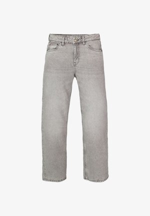 Grijze denim jeans met een rechte pasvorm. Kenmerken zijn onder andere riemlussen, voorzakken en een subtiele vervaagde textuur.