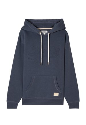 Marineblauwe hoodie met een groot, reliëflogo aan de voorkant, verstelbare trekkoord, kangoeroezak en ribgebreide boorden en zoom.