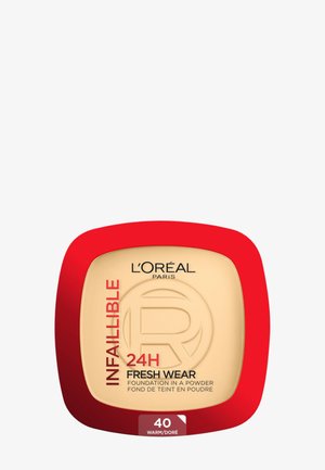 L'Oréal Infallible 24H Fresh Wear powder foundation in shade 40 Warm with red square compact packaging.