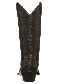 Bota de cowboy de cuero marrón oscuro con punta afilada, patrones de costura intrincados, detalles elevados y un tacón apilado.